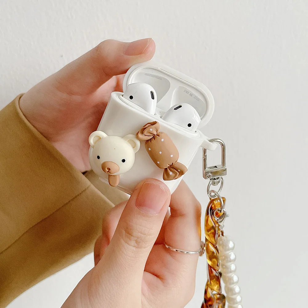 Cute Bear Candy Case for Apple Airpods 1 2 Case Luxury Amber Pearl Bracelet Chain Case for AirPods Pro Case Earphone Cover