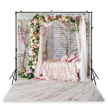 

HUAYI wooden floor pink bed with fresh flowers photo shoot backdrop Romantic Wedding and Valentine's Day decorstios XT- 6487