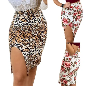 

Vintage Split Skirt Women Floral Leopard Print Sexy Zipper High Waist Bodycon Boho Pencil Midi Skirts Summer D30