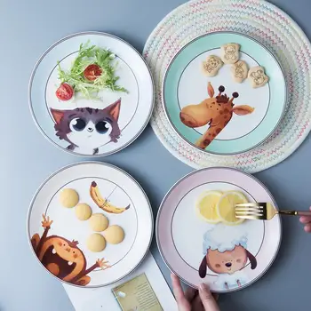 

4 PCs Ceramic New round Plate Household Creative Western Plate Cute Cartoon Children's Tableware Children's Dinner Plate