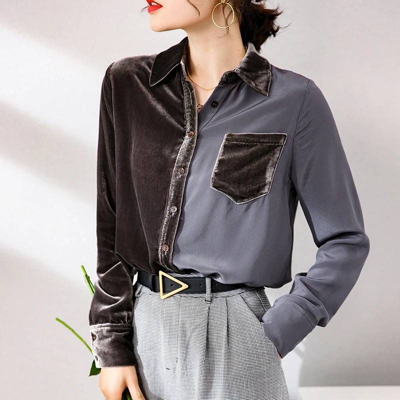 100% Silk Women's Runway Shirts Turn Down Collar