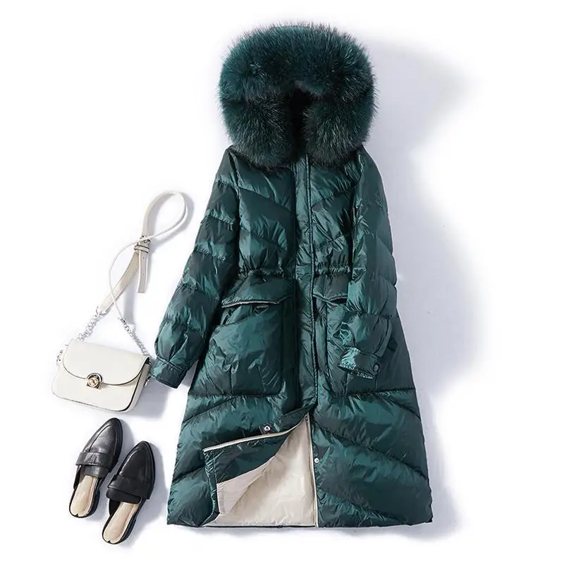 

New Women Warm Down Coat Winter Real Fur Hooded White Duck Down Parkas Meidum Long Snow Jackets Outwear