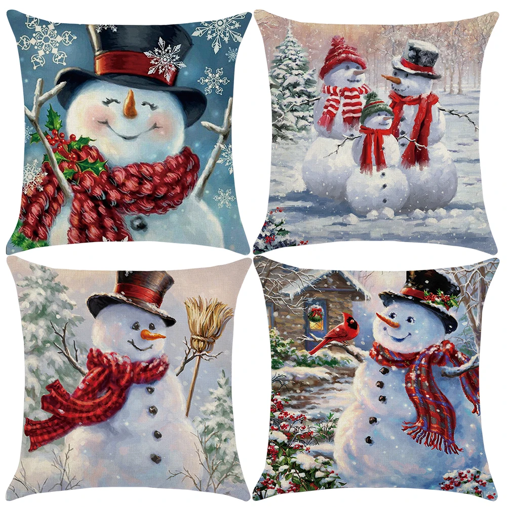 One Sided Pattern Square Snowman Printing Festival With Zipper Gift Car Christmas Pillow Case Sofa Flax Home Decor Cushion Cover