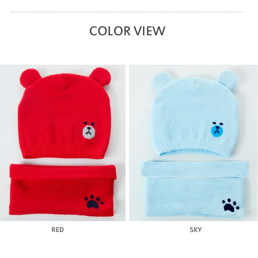 Cute Baby Girls Boys Warm Winter Knit Wool Beanie Hat Neck Scarf Ski Cap Lovely Cartoon Print Beanies Sets
