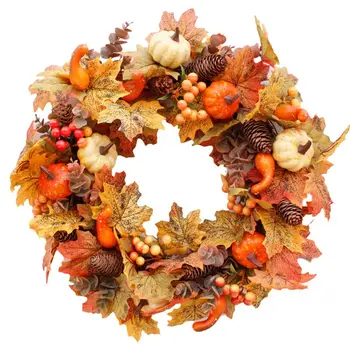 

Autumn Theme Door Wreath Artificial Pumpkin Berries Pine Cone Maple Handmade Wreath Rattan Material for Thanksgiving