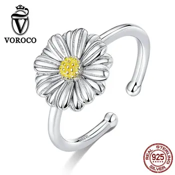 

VOROCO SCR616 925 Sterling Silver Ring Pure Daisy Adjustable Size Ring Yellow Flower Women Wedding Jewelry Anniversary Gift