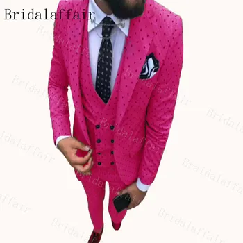 

Bridalaffair 2020 Men's Poika dot Suit 3-Pieces Rose red/Royal blue/Grey/Beige Notch Lapel Tuxedos Groomsmen For Wedding/party
