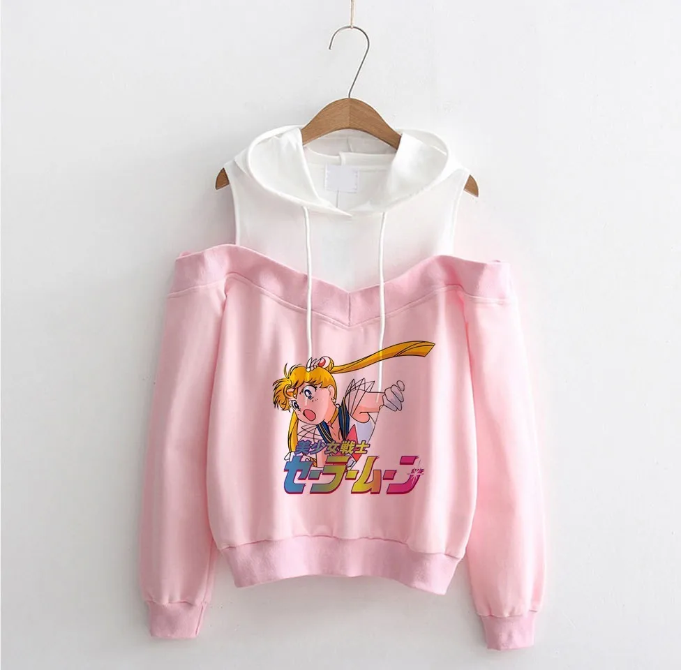 Сейлор Мун с открытыми плечами толстовка Kawaii одежда Топы женские толстовки Harajuku Сейлор толстовка с Луной одежда