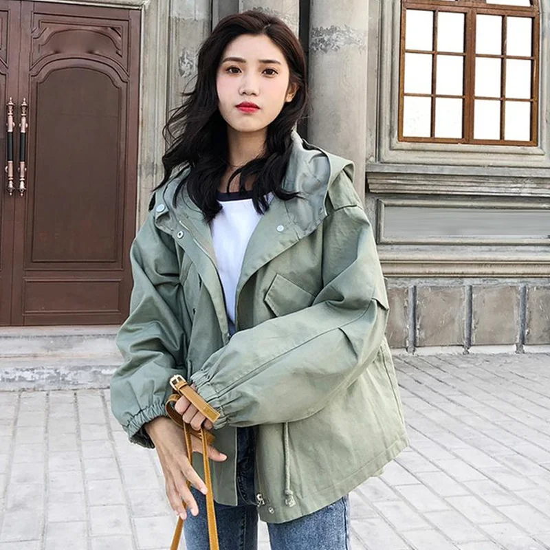 

New Loose Trench Coat Spring Autumn Women's Hooded Black Green Windbreaker Outerwear Female Casual Trench Coat.