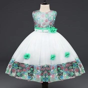 

Children embroidered Applique Wedding dress girls green lace colored flowers sleeveless performance dinner party dress Vestidos
