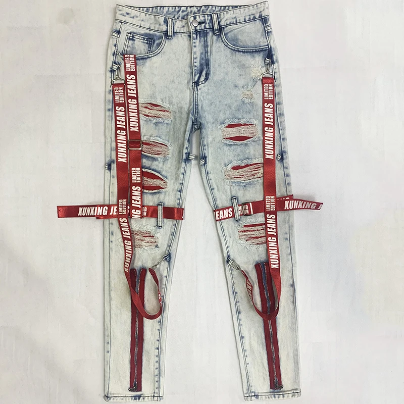 Men Summer Loose Jeans Trousers Trendy Street Men Collocation Design Autumn Straight Pants Ripped Motorcycle Boy Pants men jeans mens jeans jeans trousers denim trousers mens casual trousers