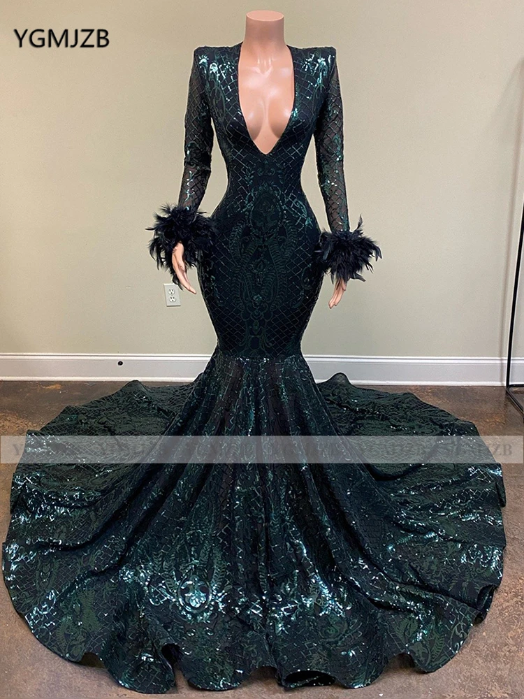 Green Long Mermaid Prom Dresses 2022 Sparkly Sequin withFeathers V Neck Full Sleeve African Black Girl Women Evening Party Gown long sleeve prom dresses