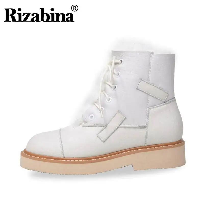 

RIZABINA Ankle Boots For Women Genuine Leather Snow Boots Winter Plush Fur Lace Up Round Toe Keep Warm Footwear Size 33-40