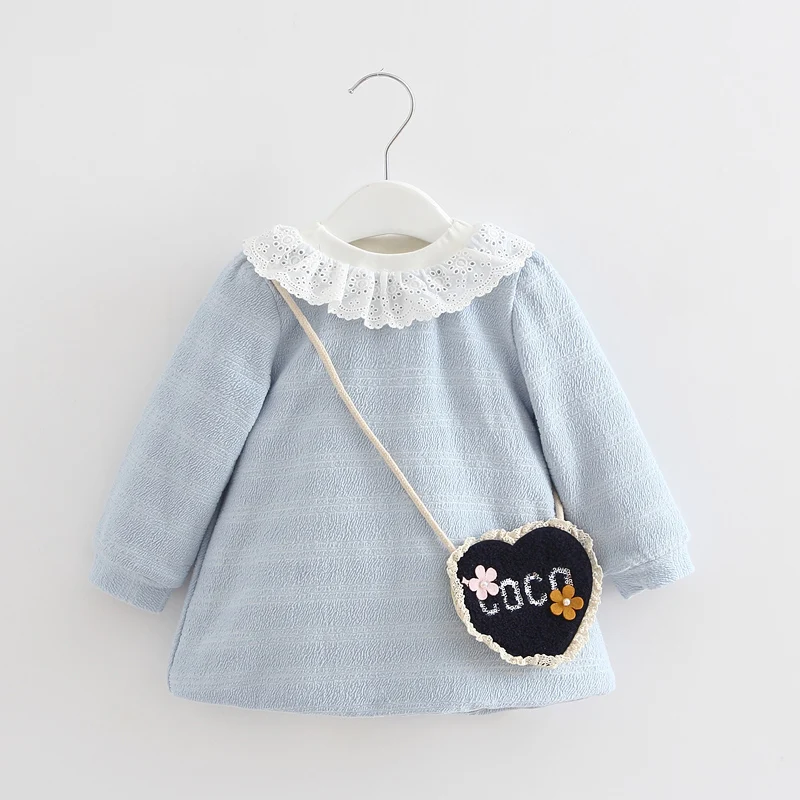 

Baby Dress Girls A-line Lantern Sleeve Lace Dress Baby Autumn Winter Velvet Dresses With Bag Blue 0-2Y