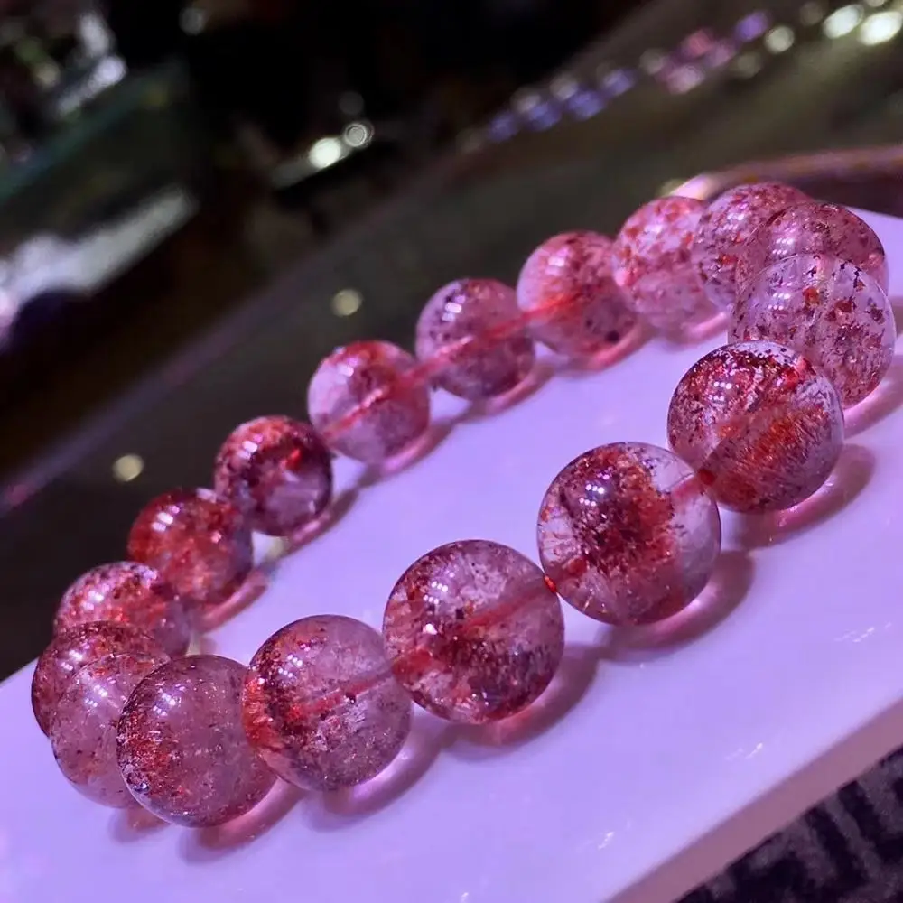 

Certificate 15.5mm Natural Red Super Seven Clear Round Beads Stretch Lepidocrocite Quartz Crystal Women Bracelet AAAAA