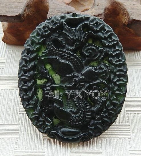 Натуральный черный зеленый камень Yu резной китайская монета Дракон повезло кулон благословения+ веревка Цепочки и ожерелья ювелирные украшения