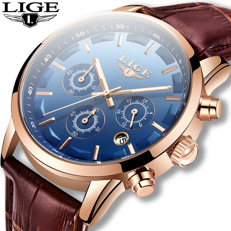 

LIGE 8903 Man High Quality Leather Business Wristwatches Waterproof Calendar Luminous Quartz Sports Men Watch Clock Reloj Hombre