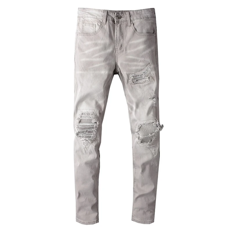 

Sokotoo Men's light gray khaki stretch biker jeans Streetwear holes ripped pleated skinny denim pencil pants