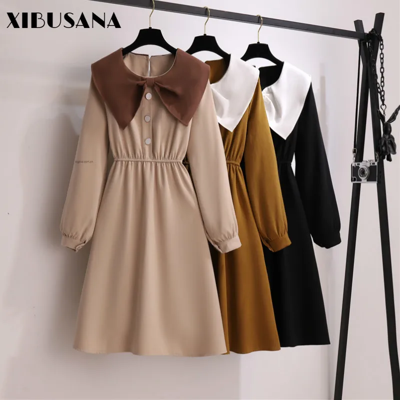 

XIBUSANA 2020 Autumn France Style Long Sleeve Dress Women's Vintage Solid Bow O-Neck Elastic High Waist Mid Calf Dresses Female