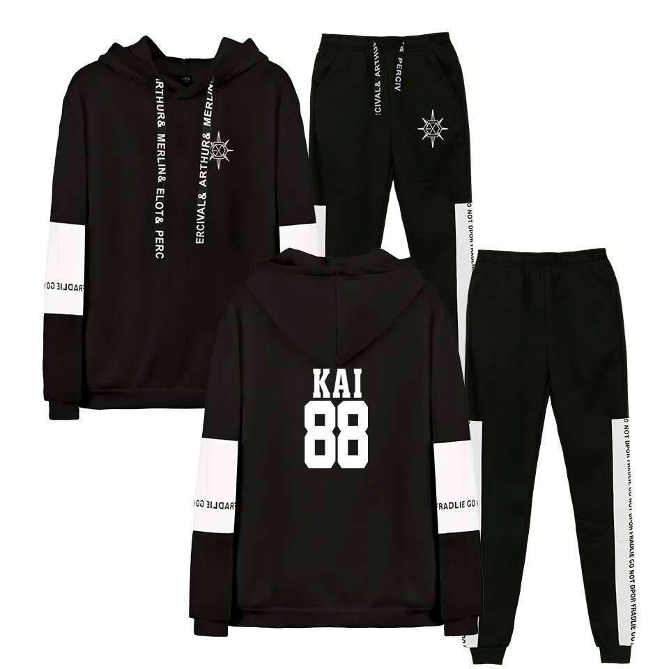 Kpop EXO Planet, комплект из 5 предметов, спортивный костюм для мужчин и женщин, XIUMIN KAI, с именами членов группы, повседневные штаны с принтом+ флисовая толстовка с капюшоном