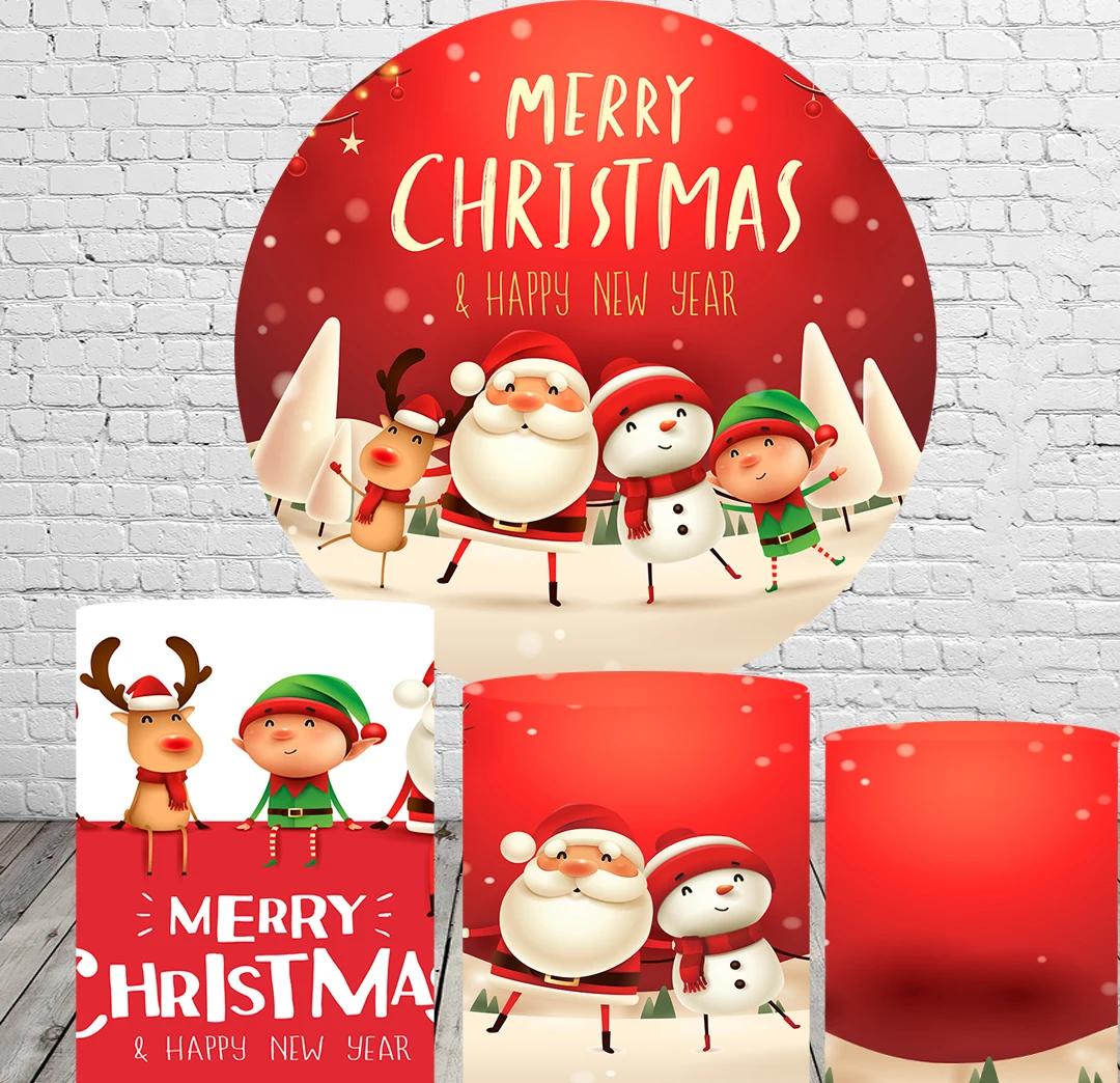 

Red Christmas New Year Round Cover Circle Background Party Event Decoration Photo Backdrop Kids Table Plinth Covers Elastic