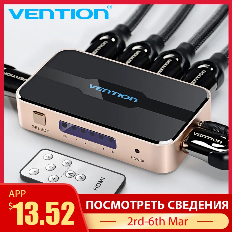 

Vention HDMI Switch 5 in 1 out with IR Wireless Remote HDMI Splitter Switcher AC Power Adapter for Chromecast for PS3/4 3D HDCP