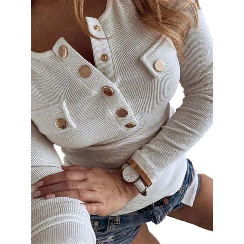 White 5XL размера плюс Осень Зима Блузка с длинным рукавом рабочая одежда женские пуговицы для Блузки Рубашки Повседневные вязаные топы с круглым вырезом Прямая поставка PR121M - Цвет: White