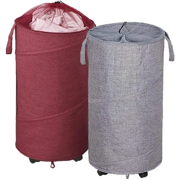 

2 Pack Collapsible Laundry Basket with Wheels, Handles and Mesh Tops - 70 Liter Each, Oxford Fabrics, Red and Gray