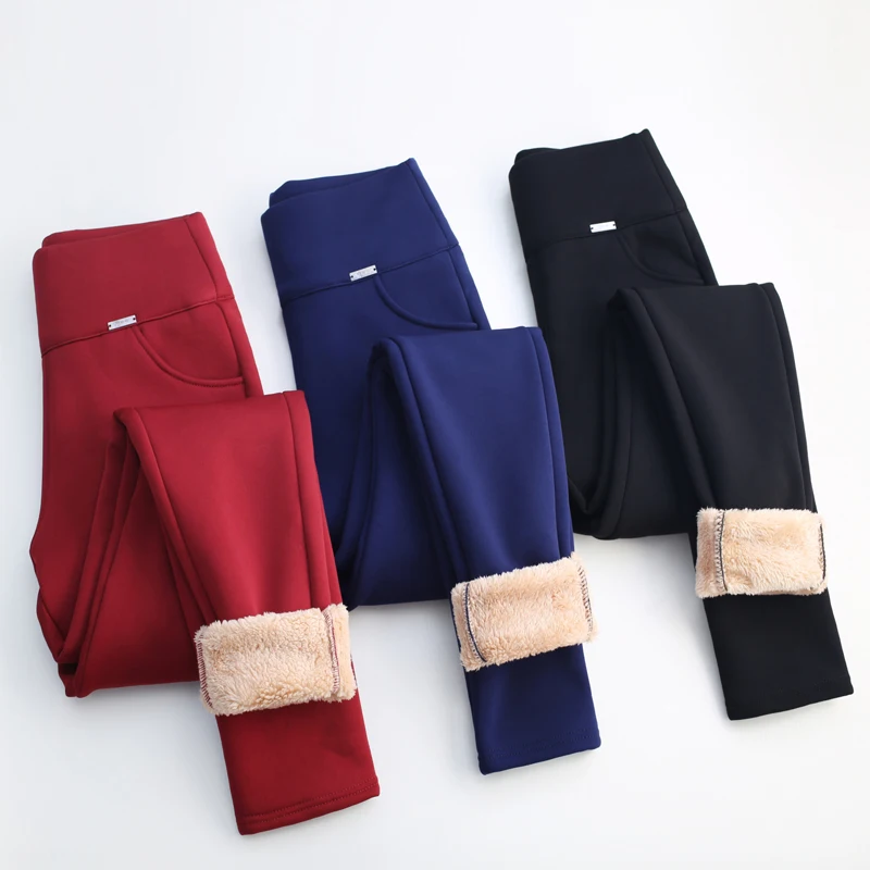 OUMENGKA Plus Size Winter Thick Warm Cashmere High Waist Black Pants Women High Elastic Skinny Pants Stretchy Women Trousers 6XL