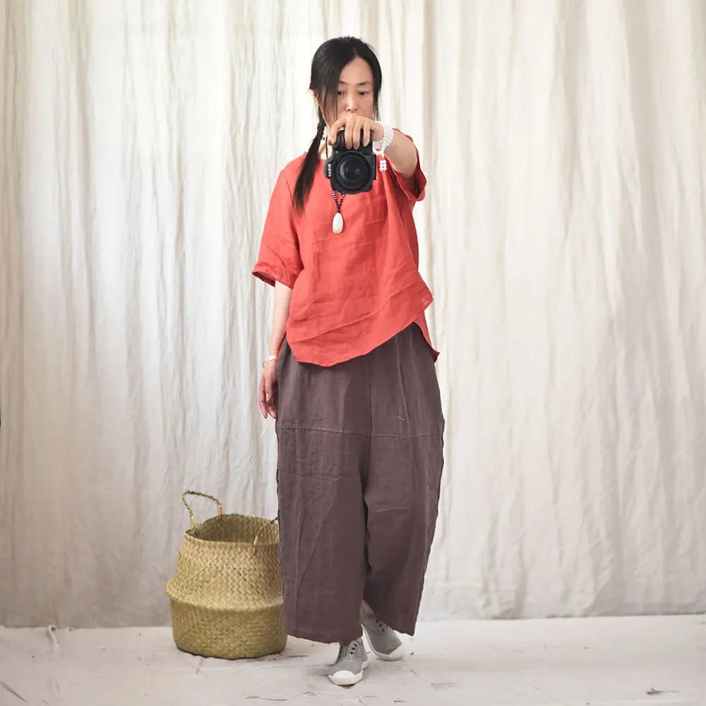 Women Loose elastic Waist ramie Wide Leg Pants Ladies 2022 Spring Summer Trousers female Embroidered Pants 5