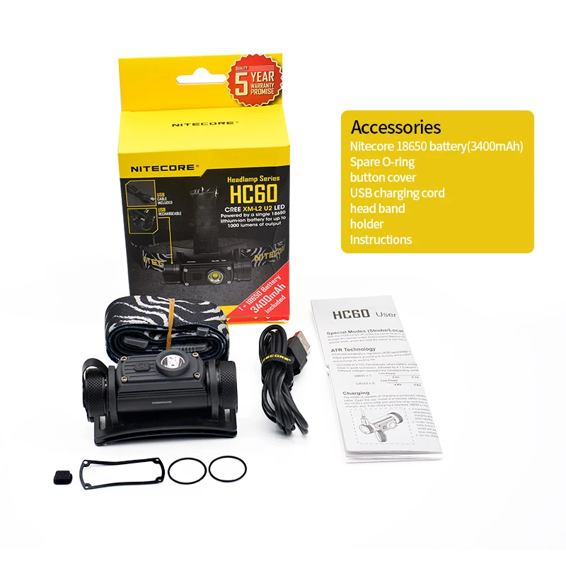 Nitecore HC60 1000 люмен CREE XM-L2 U2 светодиодный USB Перезаряжаемые фары с 3400 мА/ч, 18650 Батарея