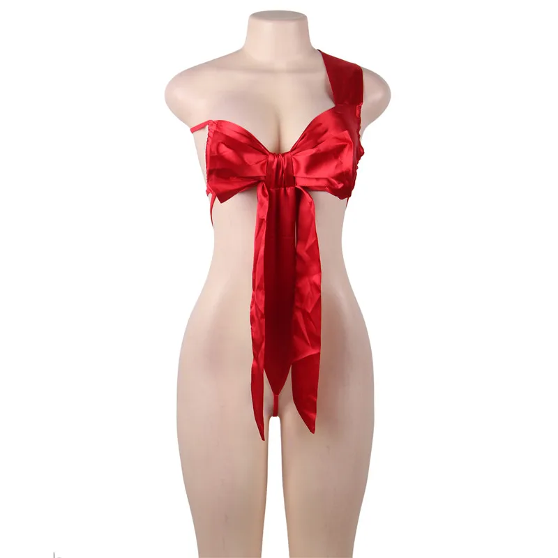 

Sexy Erotic Bodysuits Costume Plus Size Silk Bow knot One-Shoulder Adult Lingerie Teddy Spaghetti Strap Bustier Club Bar RS80802