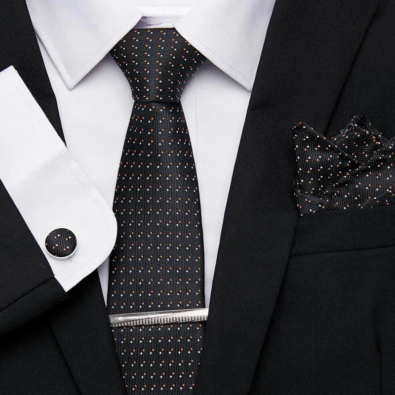 

Men's Male Tie Handkerchief Set Black Dot 7.5cm Necktie Pocket Square Tie Clip For Men Wedding Accessories