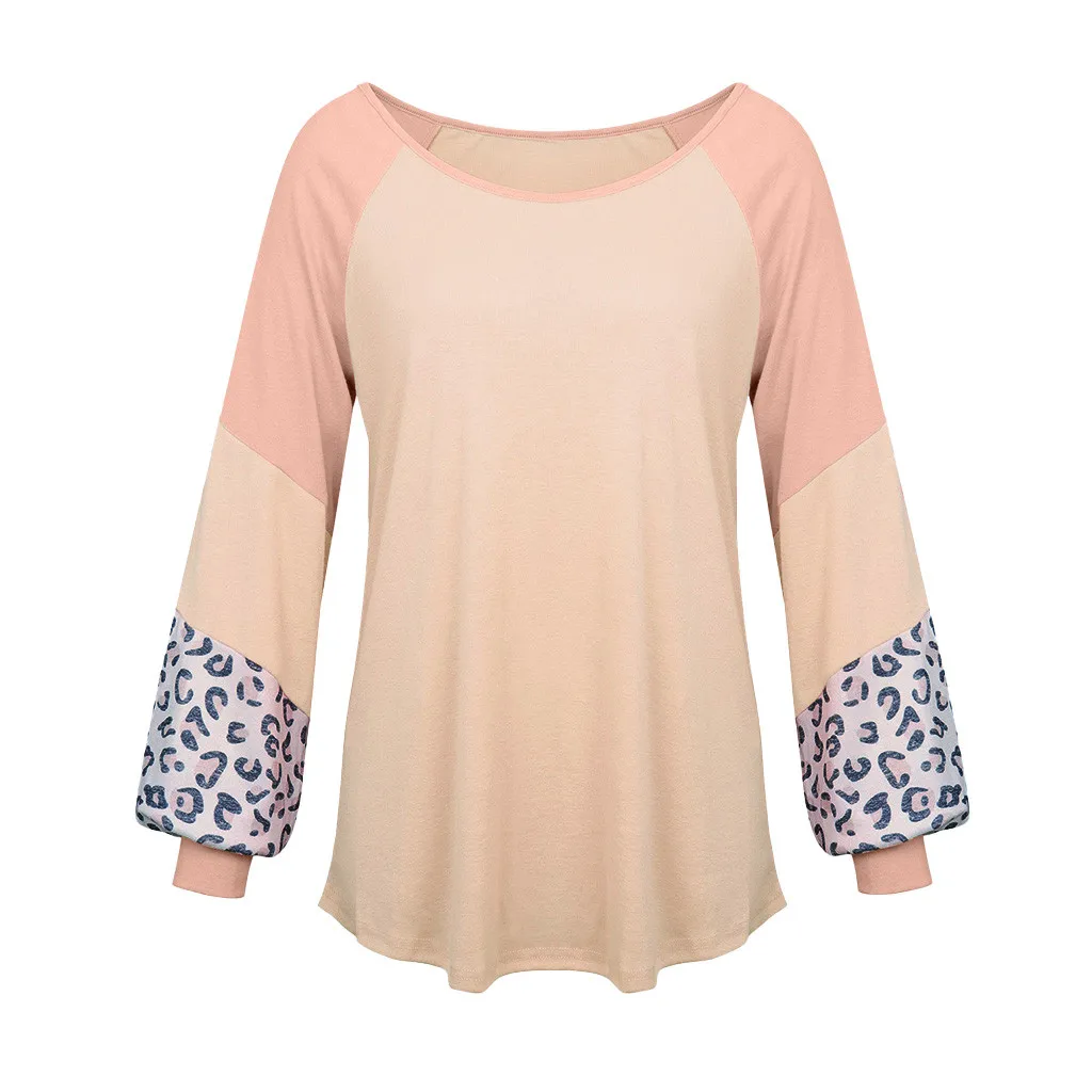2019 ladies leopard solid color stitching long-sleeved shirt sweater 
