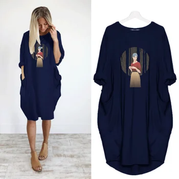 

Cartoon Girl Print Elegant Women Dress Woman Black Pocket Casual Loose Plus Size 5xl Spring Autumn Thin Long Sleeve Dresses
