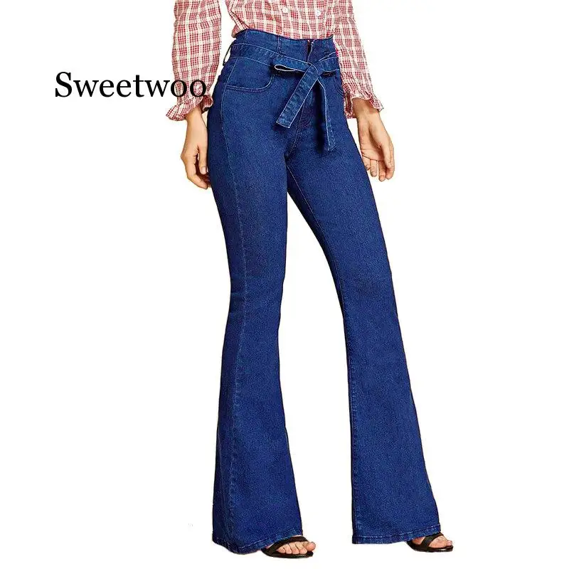 blue Tie Waist Flare Jeans Women Slim Denim Trousers 2020 spring High Waist Pants Belted Stretchy wide leg jeans