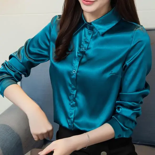 New Satin Silk Shirt Women Long Sleeve Vintage Work Wear Tops Purple Green Blue Blouse Shirt DV790