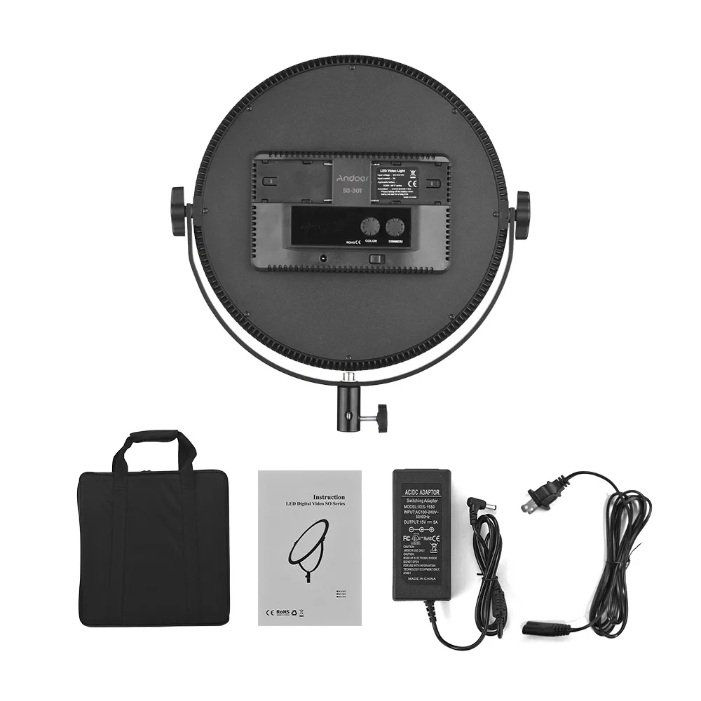 Andoer SO-30T Studio Photo LED Video Light 3200K-5600K Photography Ring Light Lamp Stepless Diammable LCD Display Screen CRI 97