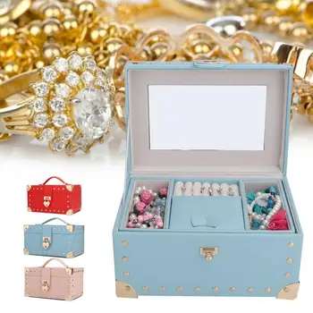 

Jewerly Box 2-Layers Necklace Storage Earring Container Box Jewelry Holder with Handle Lock Mirror Box for Jewelry Watch Holder