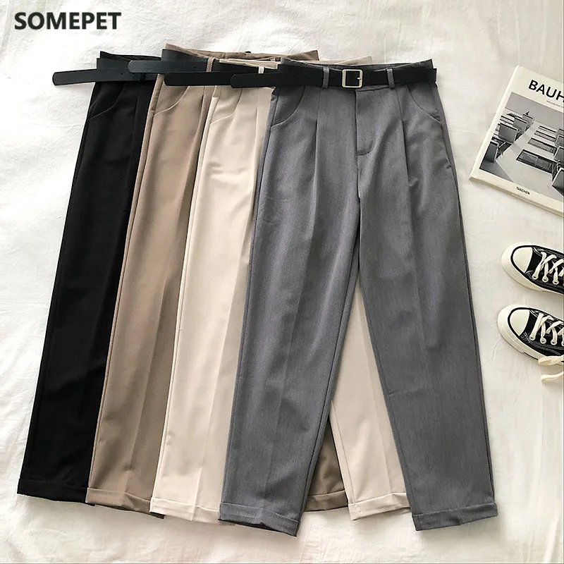 

High Waist Women Pants Casual Loose Vintage With Sashes Suit Pants Korean Black Curl Harem Pants
