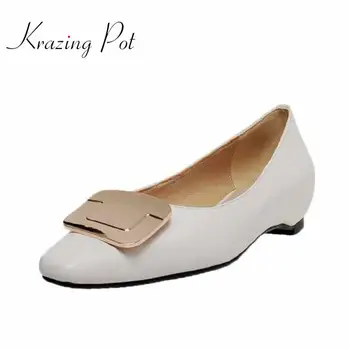 

Krazing pot basic solid full grain leather summer square toe low heels square metal buckle decorations French romantic pumps L76