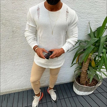 

2019 Fashion Trend Men's Autumn Winter New Knitwear Cable Sweater Jumper Round Neck Long Sleeve Hollow Out Solid Loose Tops