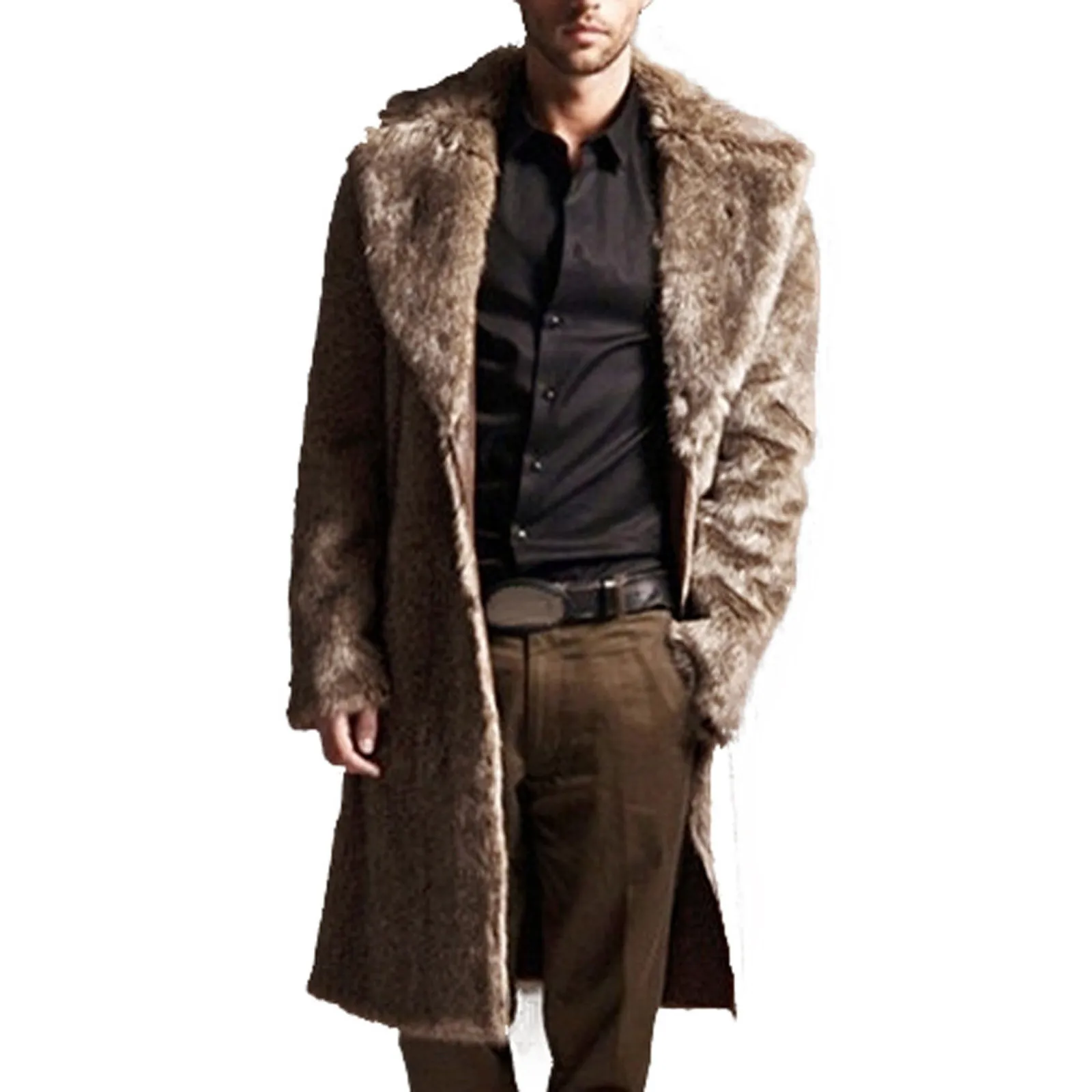 Mens Warm Thickening Long Coat Jacket Faux-fur Outwear Cardigan Faux Fur Lapel Long Puffy Jacket Jaqueta Masculina Куртки 2