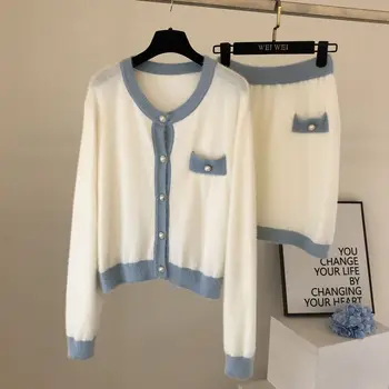 

Women's suit 2020 autumn new furry contrast color knitted skirt contrast color cardigan long sleeve hip skirt two-piece suit