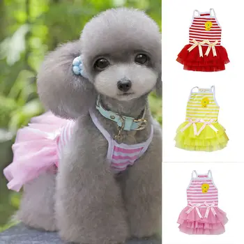 

Pet Dog Bow Dress Summer Lace Stripes Vest Skirt Clothes Mesh Wedding Princess Small Puppy For Dog Cat