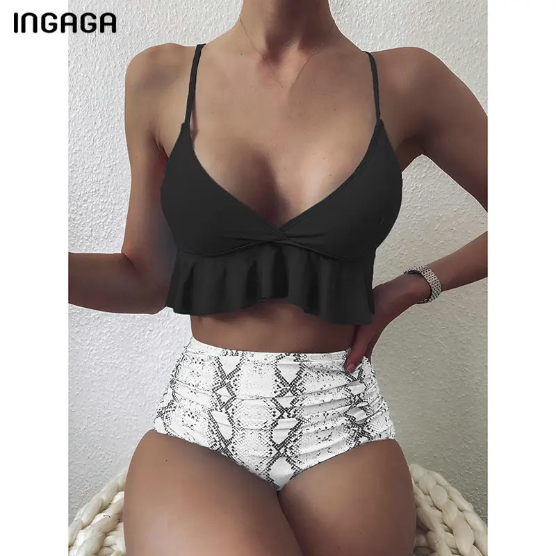 

INGAGA High Waist Bikinis Push Up Swimsuits Ruffle Swimwear Women Snake Printing Biquini 2020 New Bathing Suits Strap Swim Suit