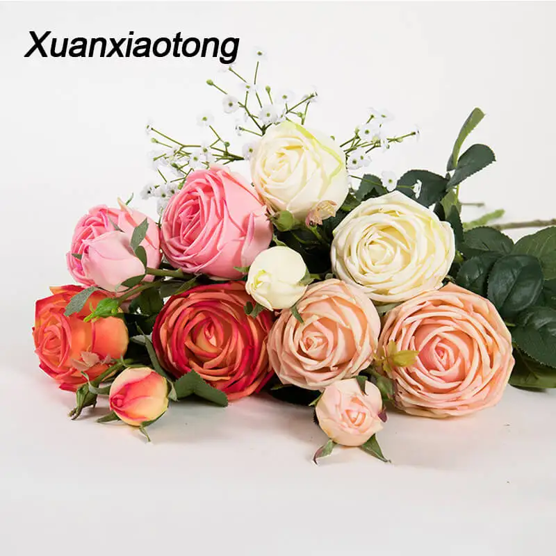 Xuanxiaotong 3 Head 77cm Yellow Silk Tea Rose Flower Artificial for Home Wedding Decor Pink White Champagne Roses with Leaves | Дом и сад