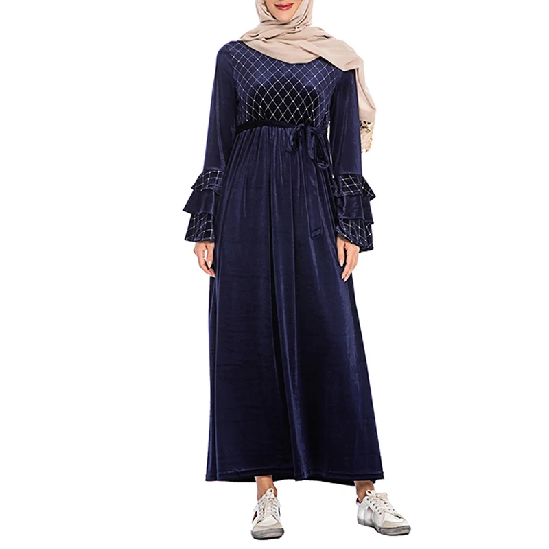 Плюс размер блесток Бархат абайя хиджаб с длинными рукавами мусульманское платье ислам одежда абайя s женский Восточный халат Caftan Дубай турецкие платья - Цвет: dark blue dress