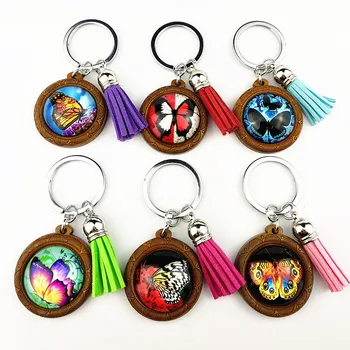 

Jiangzimei24pcs India retro, Bohemia butterfly Keyring 25mm Wood Cabochon Stainless Steel Keychain with tassels glass Cabochon