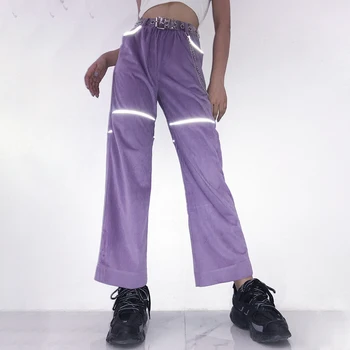 

Reflective Metal Chain Patchwork Pants Women Purple High Waist Straight Trousers Elastic Waist Casual Female